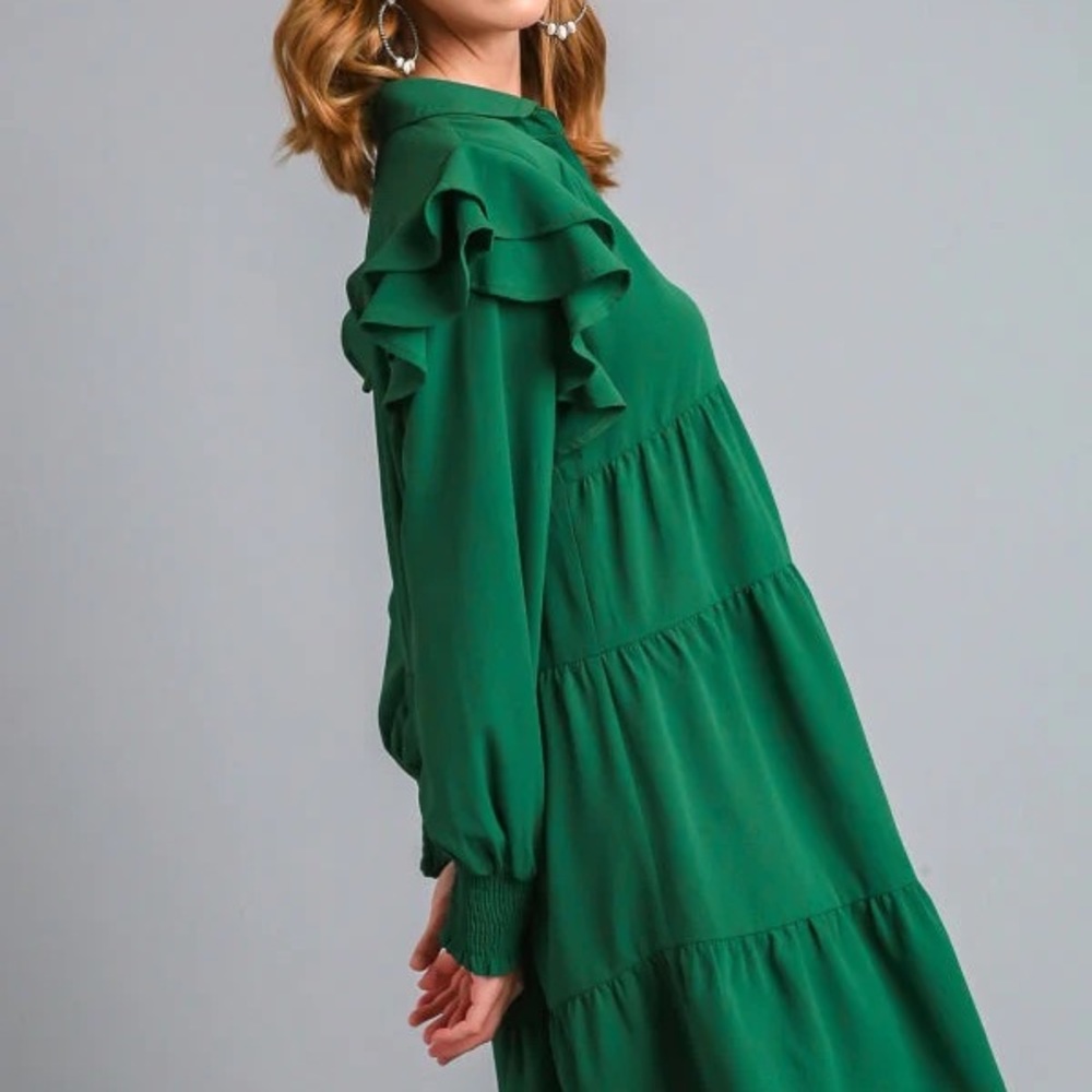 Double Ruffle Long Sleeve Tiered Mini Dress by Umgee- 1XL- gorgeous Green!